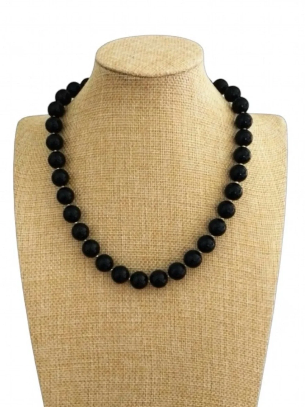 Vintage Black Lucite Necklace - Gold‑Tone Spacers, Hidden Clasp, 16.5
